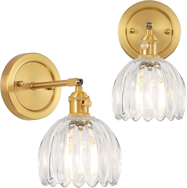 Photo 1 of Set of 2, Hardwired Glass Wall Lights Fixture with Brass Base, Handmade Vintage Wall Sconce Lighting for Bedroom Bedside Living Room Hallway