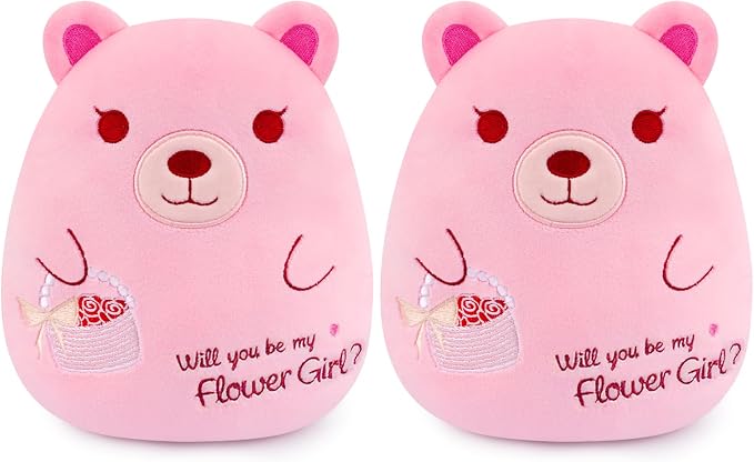 Photo 1 of 2 Pcs Wedding Flower Girl Bear Stuffed Animal - Will You Be My Flower Girl | 7.8 Inch Cute Pink Bear Girls Proposal Gifts From Bride Groom for Girls for Wedding Proposal Anniversary Party