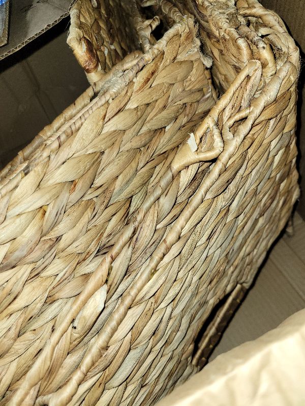 Photo 1 of 12x12x10in Water Hyacinth Storage Basket Large, Folding Cube Woven Wicker Storage Basket for Shelves, Pantry Baskets Organization and Storage, Kitchen Storage Baskets, Large Rattan Basket Set of 3