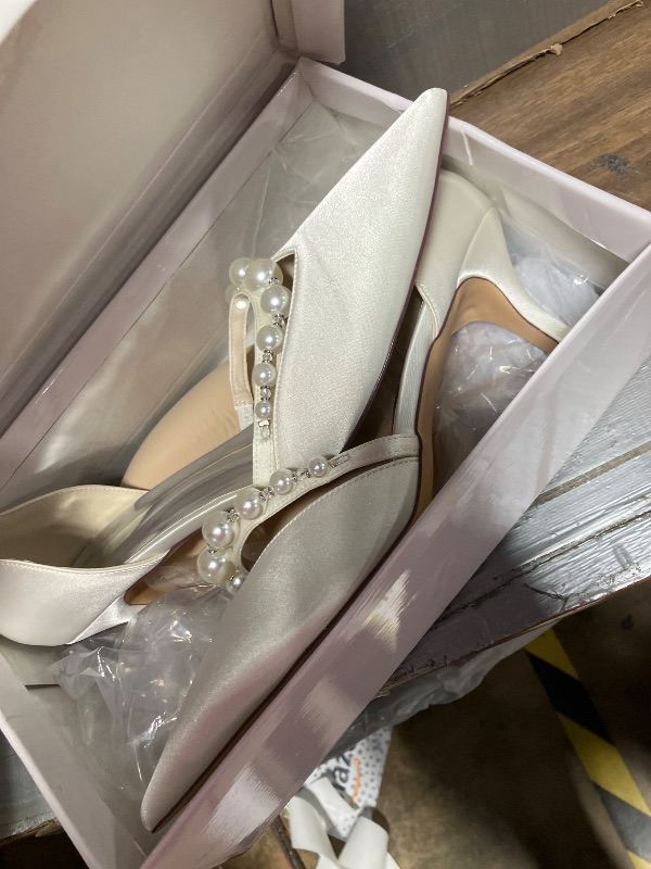 Photo 1 of 2024 Pearl Pointed Toe Wedding Shoes for Bride Ivory Low Heel Bridal Shoes for Women Satin Heels Prom Party Shoes Size 9 6869-17 Ivory