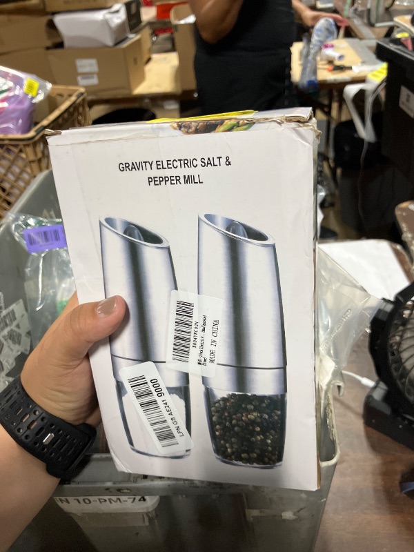Photo 1 of 2 Pack Gravity Electric Salt and Pepper Grinder Set, Battery Powered One-Hand Tilt to Grind, Adjustable Coarseness, Blue LED Light, Large Refill Chamber, Non-Slip Olive Shape(Sliver)