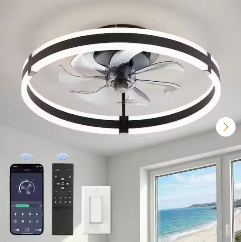 Photo 1 of 20 in. Dimmable LED Smart Indoor Black Modern Flush Mount Ceiling Fan with Light Kit and Remote Control Living Room
