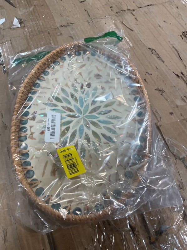 Photo 1 of 14.5 Inch Serving Tray for Coffee Table Ottoman Décor Tray for Living Room Mother of Pearl Inlay Rattan Centerpiece Tray for Candle Holder, Flower, Coffee, Bread, Fruit (Large)