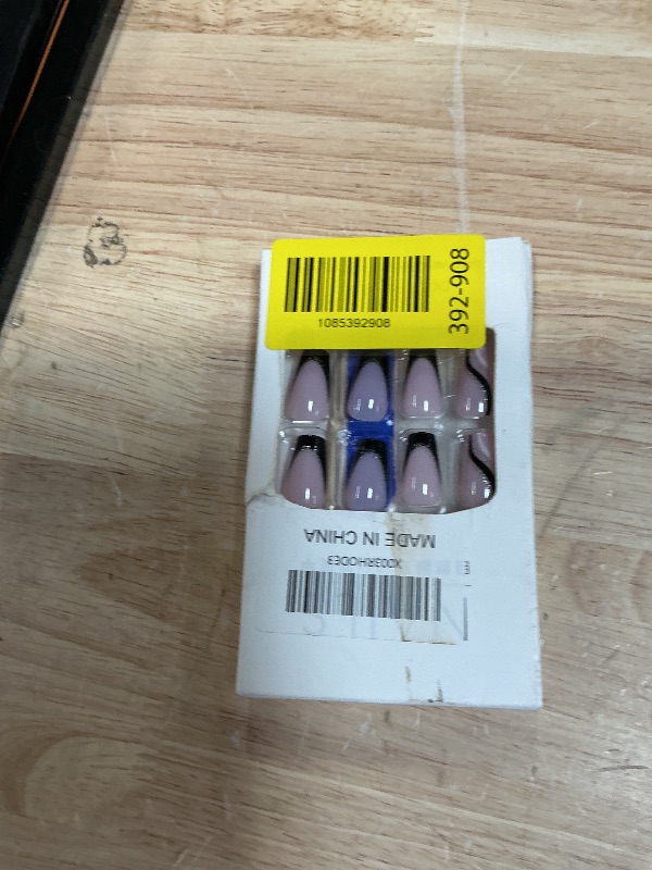 Photo 1 of 24PCS Black French Tip Press on Nails Medium Length Square Fake Nails with Silver Glitter Line Designs Glossy Coffin Nails Full Cover Nail Tips False Cute Stick on Nails for Women