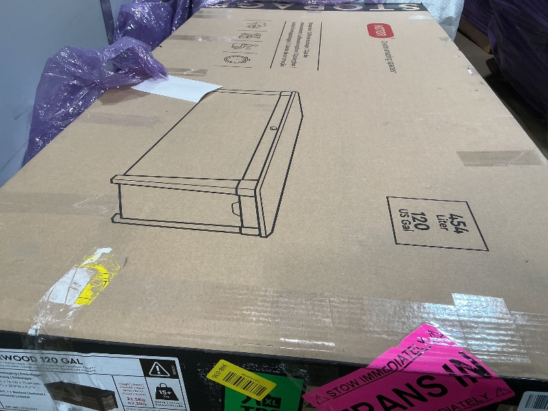 Photo 1 of ** major damage. Selling for parts**Keter Signature Collection 120 Gallon Resin Deck Box Organization and Storage Box for Patio Outdoor Cushions, Throw Pillows, Garden Tools and Pool Supplies, Walnut