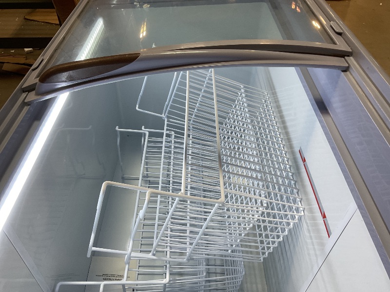 Photo 1 of ** big dent. scrapes/dirt**VEVOR Commercial Ice Cream Display Case, 12.8 Cu.ft Chest Freezer, -19 to 3? Temp Adjustable Mobile Top Deep Freezer with 4 Wire Baskets, 2 Sliding Glass Doors, Locking Casters & LED Strip Lighting