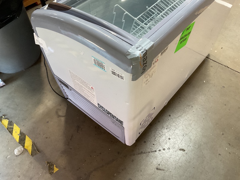 Photo 1 of ** big dent. scrapes/dirt**VEVOR Commercial Ice Cream Display Case, 12.8 Cu.ft Chest Freezer, -19 to 3? Temp Adjustable Mobile Top Deep Freezer with 4 Wire Baskets, 2 Sliding Glass Doors, Locking Casters & LED Strip Lighting