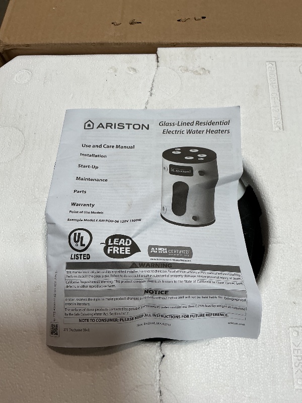 Photo 1 of 12 Gallon, 120V – Ariston Electric Water Heater – Compact Point of Use Tank for RV, Camper, Small Spaces, Heating Solution for Under Sink, Versatile Electric Tank for Bathroom, Shower