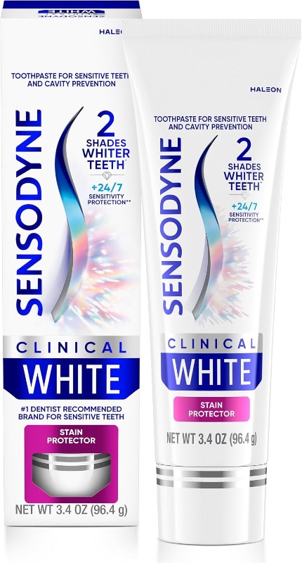 Photo 1 of ***BOX DAMAGED**** Sensodyne Clinical White Stain Protector Toothpaste, 3.4 oz | Clinically Proven Whitening for Sensitive Teeth, Stain Protector, 2 Shades Whiter Teeth