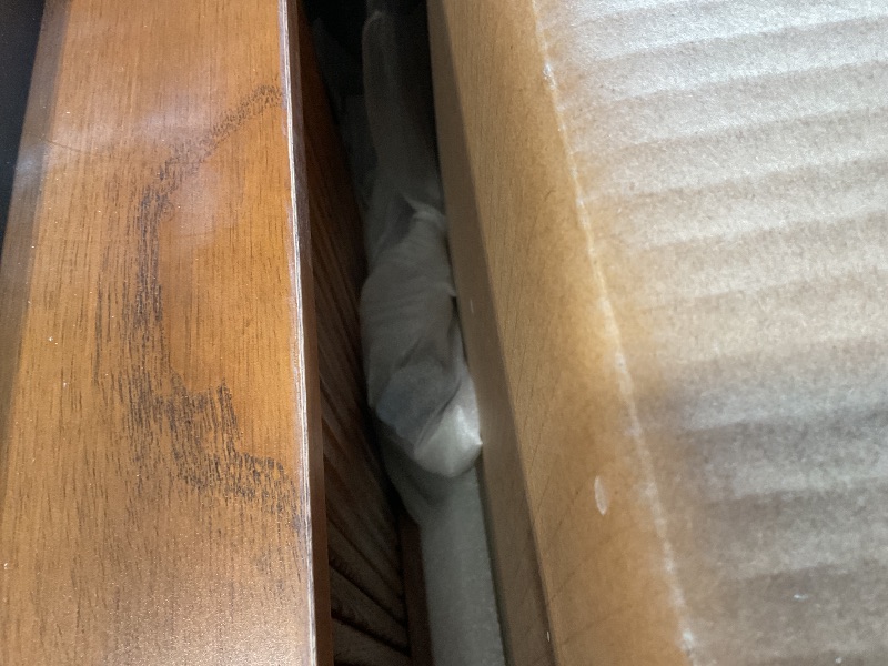 Photo 1 of **minor scratches/ holes. Missing hardware**POVISON Fully-Assembled Mid Century Modern TV Stand for 75+ inch TV, Sliding Door Entertainment Center with Storage, Wood TV Console, Media Console for Living Room Bedroom(Walnut, 94.49")
