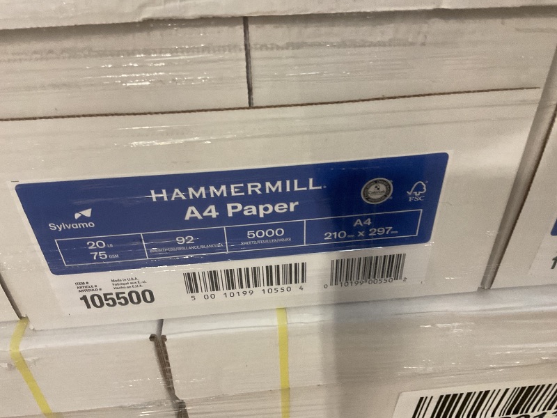 Photo 1 of ** WILL NEED A TRUCK FOR PICK UP. BENDING/FOLDING DAMAGE, A COUPLE CASES CAME LOOSE.**Hammermill A4 Paper, 20 lb Copy Paper (210mm x 297mm - 92 Bright, Made in the USA) - 1 Pallet, 40 Cases (200,000 Sheets)