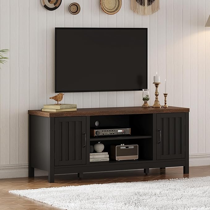 Photo 1 of ** dent damage. Missing support pieces for shelf star star ChooChoo 47" Farmhouse TV Stand with Storage Cabinet and Open Shelves | Entertainment Center with Fluted Doors for TVs up to 55 inches, TV console Table for Living Room, Bedroom, Black