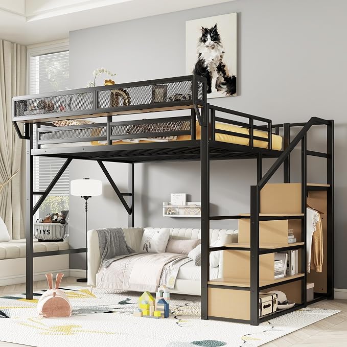 Photo 1 of **QUEEN LOFT BED** Queen Size Loft Bed Frame for Adults,Metal Lofts Bed Queen with Stairs & Storage Shelves, Heavy Duty High LoftBed with Wardrobe for Teens,Girls Boys, No Box Spring Needed, No Noise, Black
