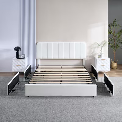 Photo 1 of ***MISSING ASSEMBLY HARDWARE*** Vecelo (Full) upholstered platform bed frame featuring a sleek headboard design.Model Number: LOE-CY-QB01-UP-WHTKey Features: Modern design with a button-tufted headboard, wooden slats for mattress support, and an adjustabl