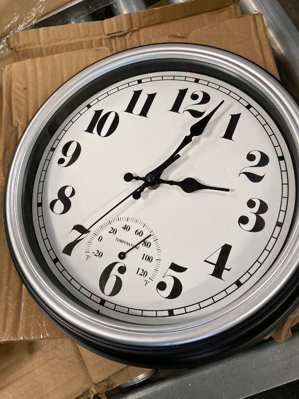 View 2 of ***DAMAGED-NON FUNCTIONAL PARTS ONLY --- JENLYSTIME 12 Inch Indoor/Outdoor Retro Waterproof Wall Clock with Thermometer Silent Round Quartz Battery Operated Easy to Read Decorative for Kitchen Patio,Bathroom,Deck,Porch,Pool(Silver)