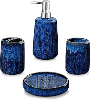 Photo 1 of **MISSING SOAP BOTTLE***vancasso Blue Bathroom Accessories Set, Ceramic Soap Dispenser and Toothbrush Holder Sets, Stoneware 4 Pcs Bathroom Sink Set for Modern Home Decor, Series Starry