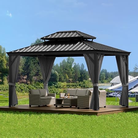Photo 1 of ' Hardtop Gazebo with Curtains and Netting, Permanent Outdoor Patio Gazebo with Aluminum Frame and Double Polycarbonate Roof for Backyard, Lawn, Deck and Garden