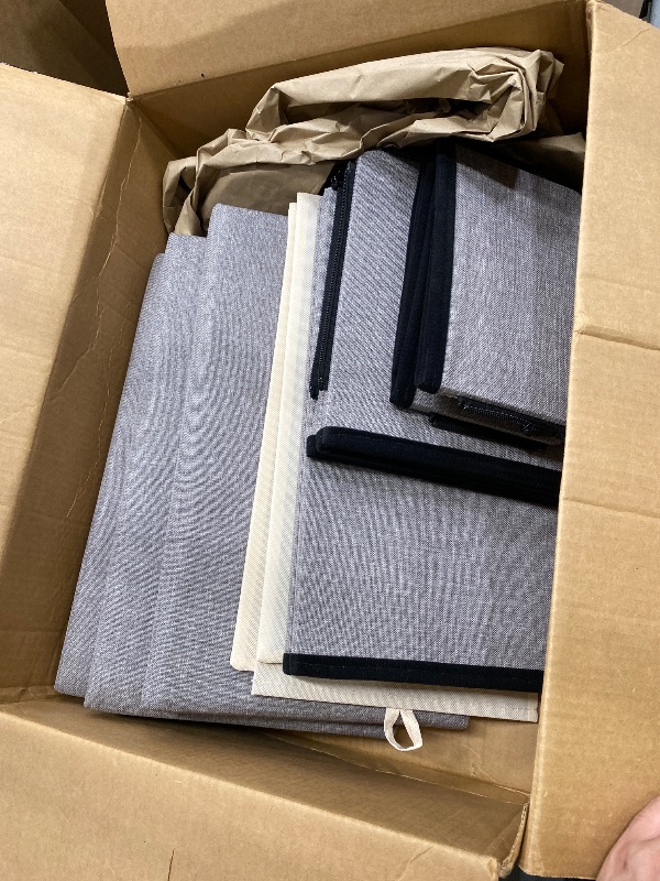Photo 1 of ***IMAGE FOR REFERENCE*** Linen Folding Storage Bins, 3 Pack Large Storage Baskets, Washable, Clothing Storage Bins with Handle, Closet Organizer for Storage Sweater,Sheets (gray black, 18½"x11"x8½")