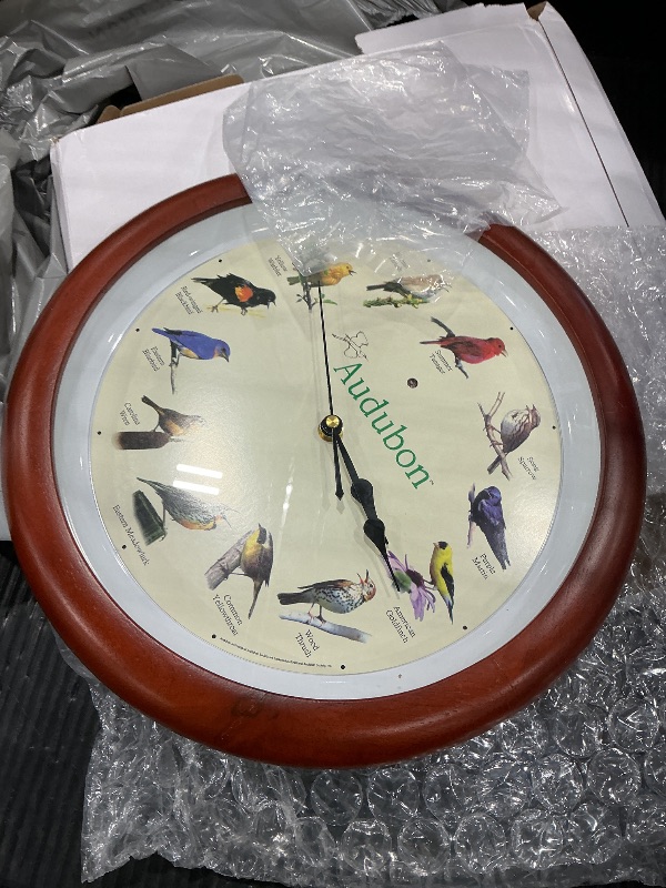 View 2 of Audubon Singing Bird Wall Clock 13 In, Hourly Bird Songs, Cherry Wood