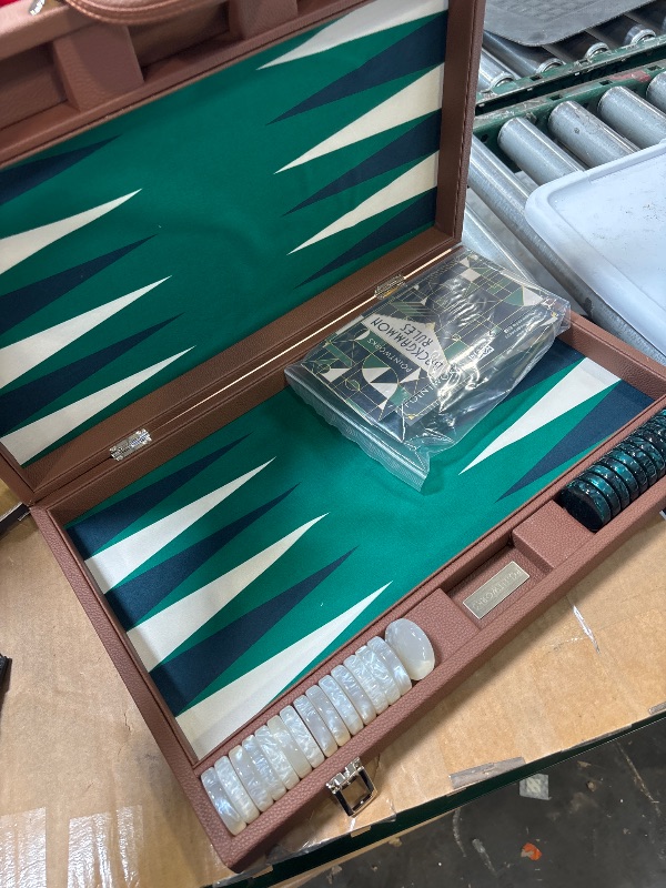 Photo 1 of Pointworks 19 Inch Premium Backgammon Sets for Adults Leather Brown - Green. Premium 1.6 Inch Checkers & Dice Set, Travel Backgammon Set, Large, Backgammon Board Game, Backgammon Game Set