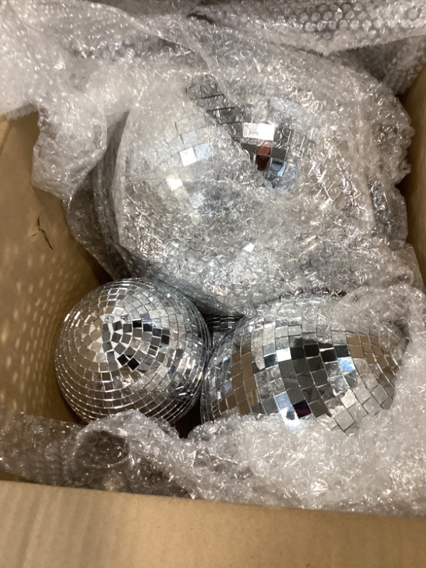 View 4 of 4 Pcs Large Disco Ball Decor - Silver Hanging Mirror Disco Balls Ornament for Stage Club Prom Props 70s Weddings Dance Music Birthday(12, 8, 6, 4 Inch)