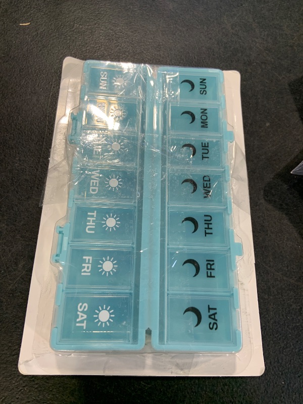 Photo 1 of Foldable Pill Organizer Weekly 2 Times a Day, 7 Day Portable AM PM Travel Pill Case with Black&White Labels, Dual-Protection Daily Medicine Box, Large Pill Container for Vitamin/Supplement-Blue