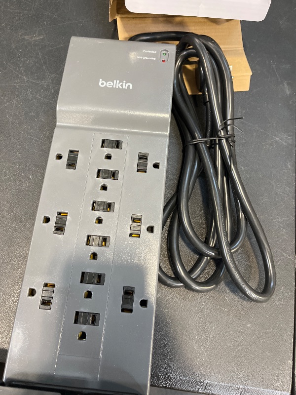 Photo 1 of Belkin 12-Outlet Surge Protector Power Strip w/ 12 AC Outlets & 8ft Flat Plug, UL-Listed Heavy-Duty Extension Cord for Home, Office, Travel, Computer, Laptop, Charger - 3,940 Joules of Protection -...