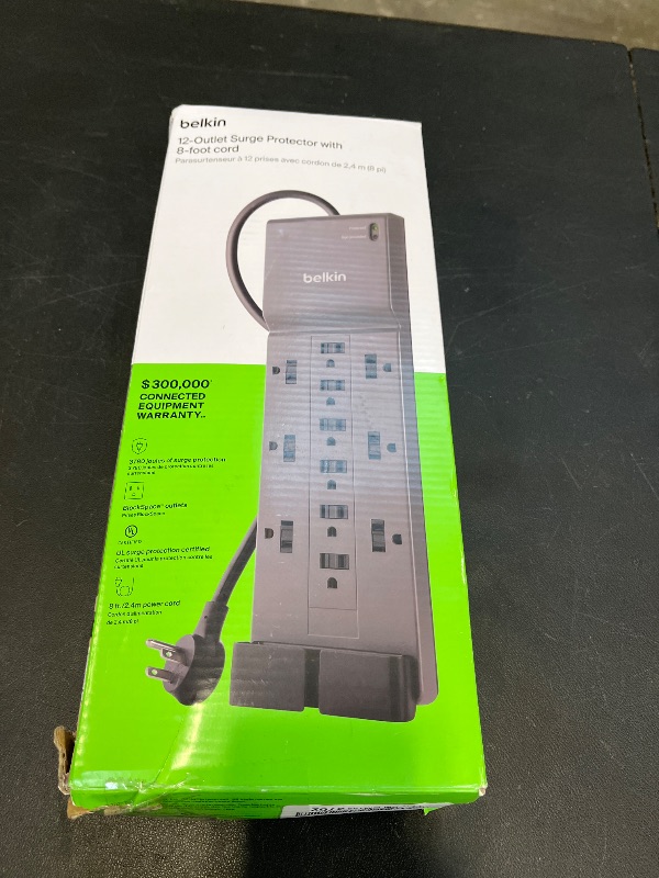 Photo 1 of Belkin 12-Outlet Surge Protector Power Strip w/ 12 AC Outlets & 8ft Flat Plug, UL-Listed Heavy-Duty Extension Cord for Home, Office, Travel, Computer, Laptop, Charger - 3,940 Joules of Protection -...