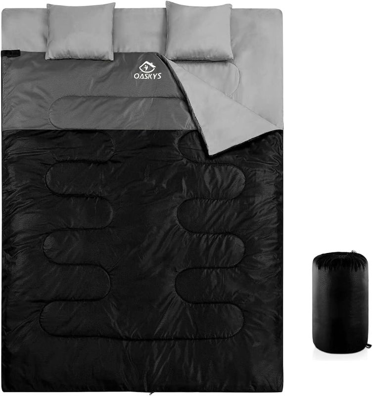 Photo 1 of oaskys Double Sleeping Bag for Adults with 2 Pillows - Queen Size XL Waterproof Sleeping Bag for All Season Camping Hiking Backpacking 2 Person Sleeping Bags for Cold Weather & Warm