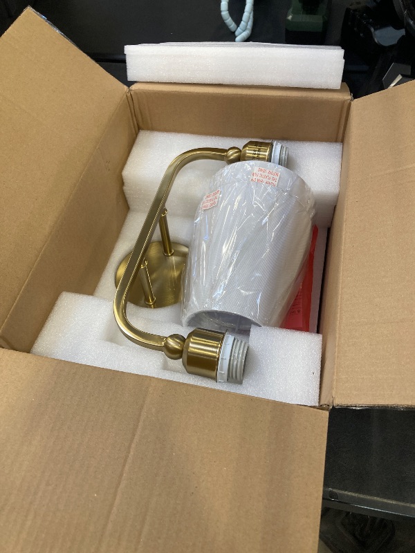 Photo 1 of METWET 2 Light Bathroom Vanity Light, Brushed Gold Double Wall Sconce with Flared White Fabric Shade, Modern Sconces Wall Lighting for Hallway Bedroom Stairway, VL837-BG