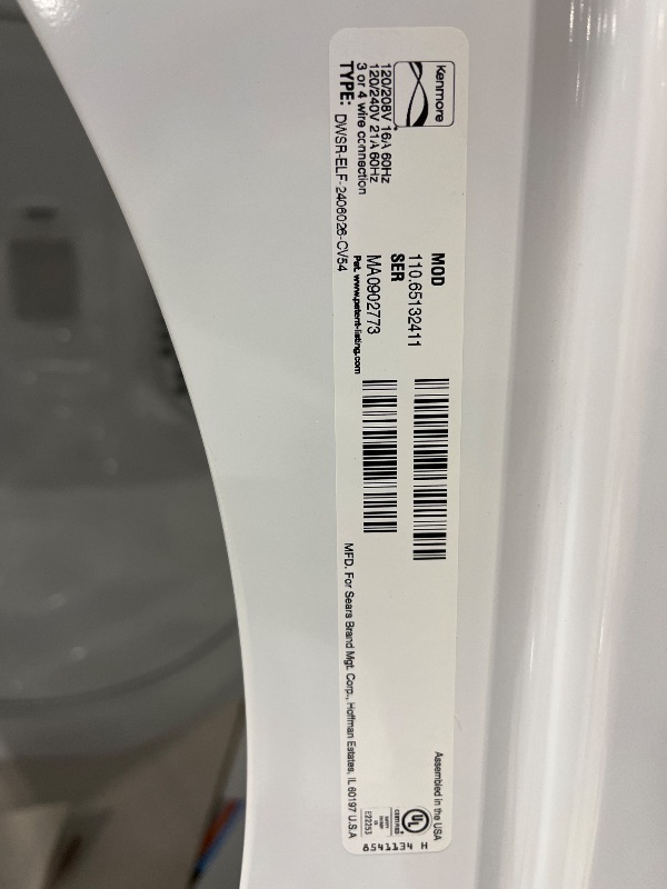 Photo 1 of Kenmore 29" Front Load Electric Dryer with SmartDry Plus Technology with 7.0 Cubic Feet Total Capacity, White------PLEASE BRING TRUCK UPON PICK UP ITEM IS XL