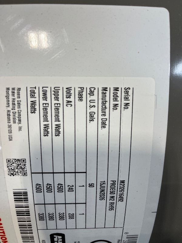 Photo 1 of Rheem PROE50 M2 RH95 50-Gallon Professional Classic Medium Residential Electric Water Heater, Gray; Enhanced-flow Brass Drain Valve; 18.75 Amps; Automatic Thermostat; Anode Rod------PLEASE BRING TRUCK UPON PICK UP ITEM IS XL 