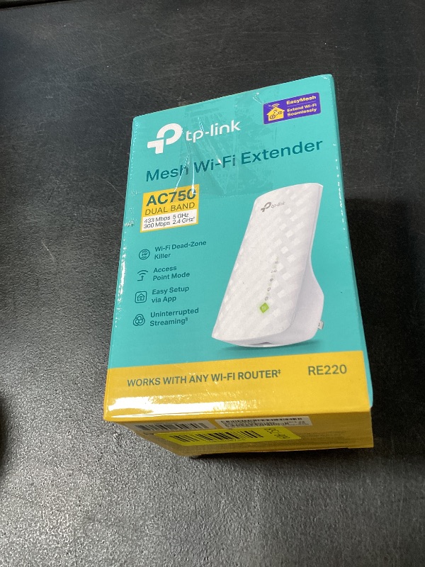 Photo 1 of TP-Link WiFi Extender with Ethernet Port, Dual Band 5GHz/2.4GHz, Up to 44% More Bandwidth Than Single Band, Covers Up to 1200 Sq.ft and 30 Devices, Signal Booster Amplifier Supports OneMesh(RE220)