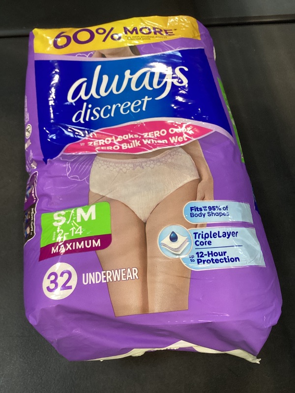 Photo 1 of Always Discreet Adult Diapers for Women, Incontinence Underwear, Postpartum Essentials, Disposable Briefs, Max Absorbency, Bladder Leak Protection, Small/Medium, 32ct