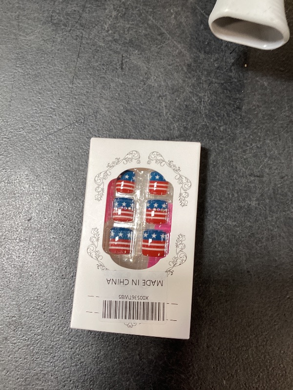 Photo 1 of American Flag Acrylic Fake Toenail 24Pcs Glossy Red Line Stick on Fingernails Patriotic Gel Glue on Nail 4th of July Press on Toenails Fourth of July Short Square False Toenail for Independence Day