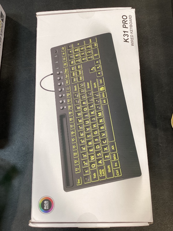 Photo 1 of SABLUTE K31PRO Large Print Backlit Keyboard, Plug and Play USB Wired Computer Keyboard with 7 Color LED Memory, Phone Holder & Wrist Rest, Full Size Quiet Keyboard for Windows PC, Laptop, Gaming