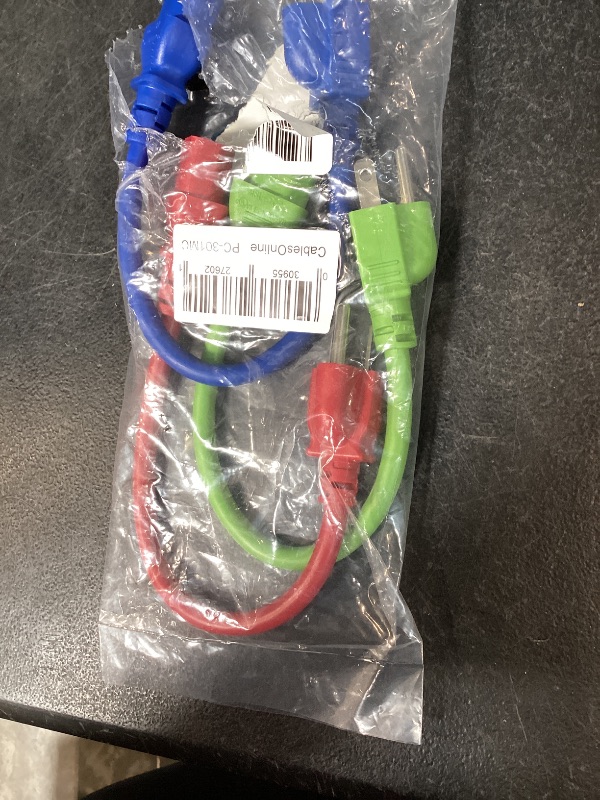 Photo 1 of CablesOnline 3-Pack 1ft Short 3-Conductor, 18AWG, NEMA 5-15P to IEC C13 Power Cable, Three Colors, Red, Green, Blue, PC-301MC