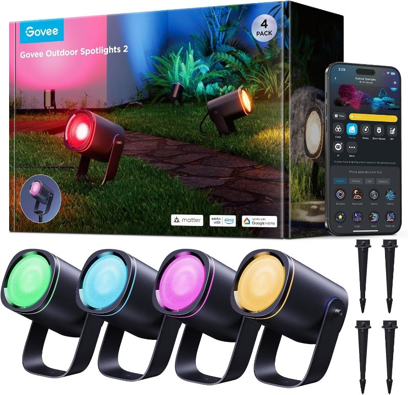 Photo 1 of Govee Outdoor Spotlights Lite 4 Pack, IP67 Waterproof Spotlights, APP, WiFi
Landscape Lighting Work with Alexa, Matter and Google Assistant, RGBWIC Color Changing Light for Garden,