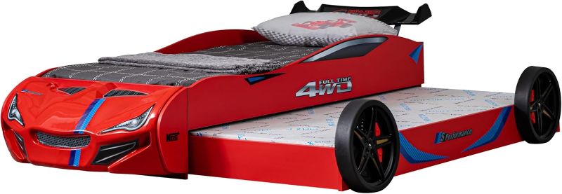 Photo 1 of Furniture of America Redvers Modern Wood Twin-Size Kid Bed with Race Car Design and Pull-Out Trundle, No Box Spring Required for Toddler, Teens, Boys or Girls, Red------missing box 1