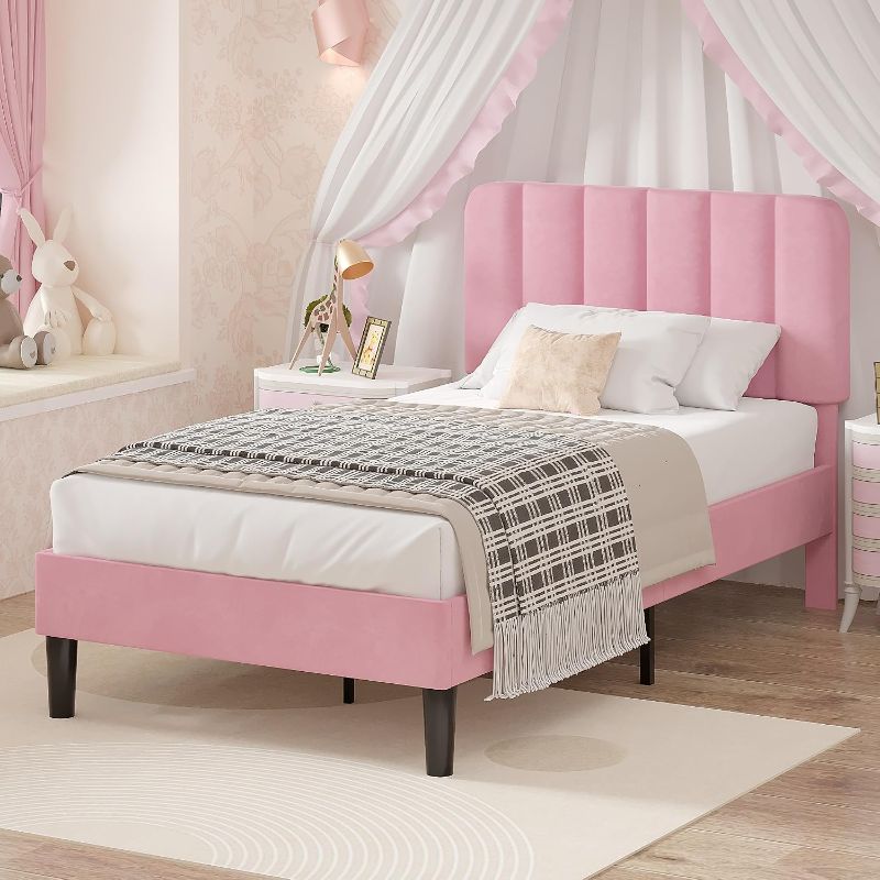 Photo 1 of VECELO Twin Size Bed Frame with Upholstered Headboard, Velvet Platform Bedframe Mattress Foundation, Strong Wood Slat Support, No Box Spring Needed,Pink
