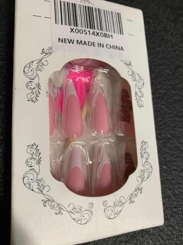Photo 1 of ***STOCK PHOTO FOR REFERENCE ONLY***RUOKEXIN Long Almond Press on Nails French Tip Fake Nails Green False Nails with 3D Gold Flower Designs Stiletto Nail Press ons Sparkly Artificial Nails for Women 30Pcs