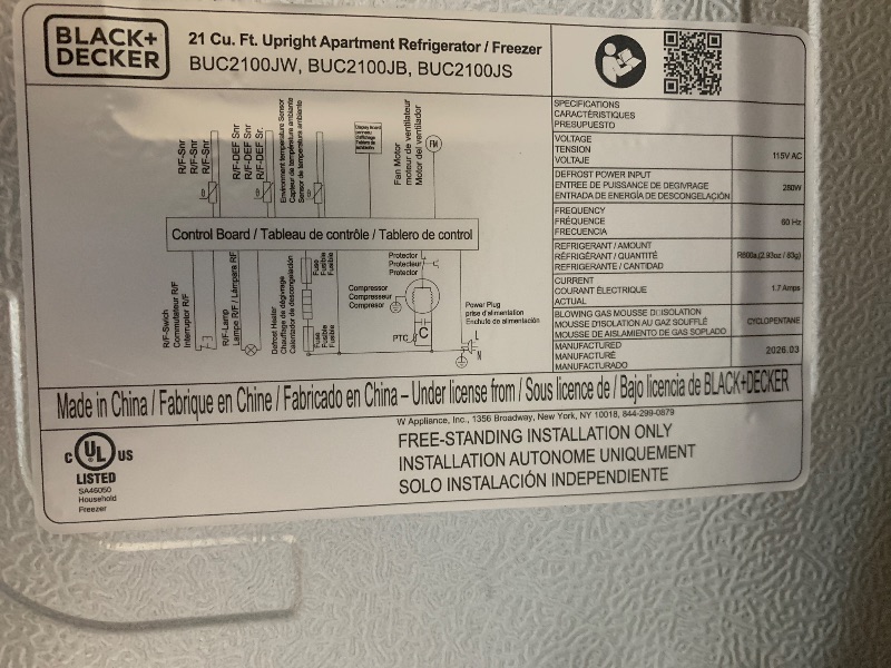 Photo 1 of ***TRUCK/TRAILER PICKUP ONLY***

BLACK+DECKER 21 Cu. Ft. Convertible Freezer Refrigerator, Upright Freezer or All Fridge with Glass Shelves, Reversible Door, R600a Refrigerant, ENERGY STAR rated, Frost Free, BUC2100JW, White