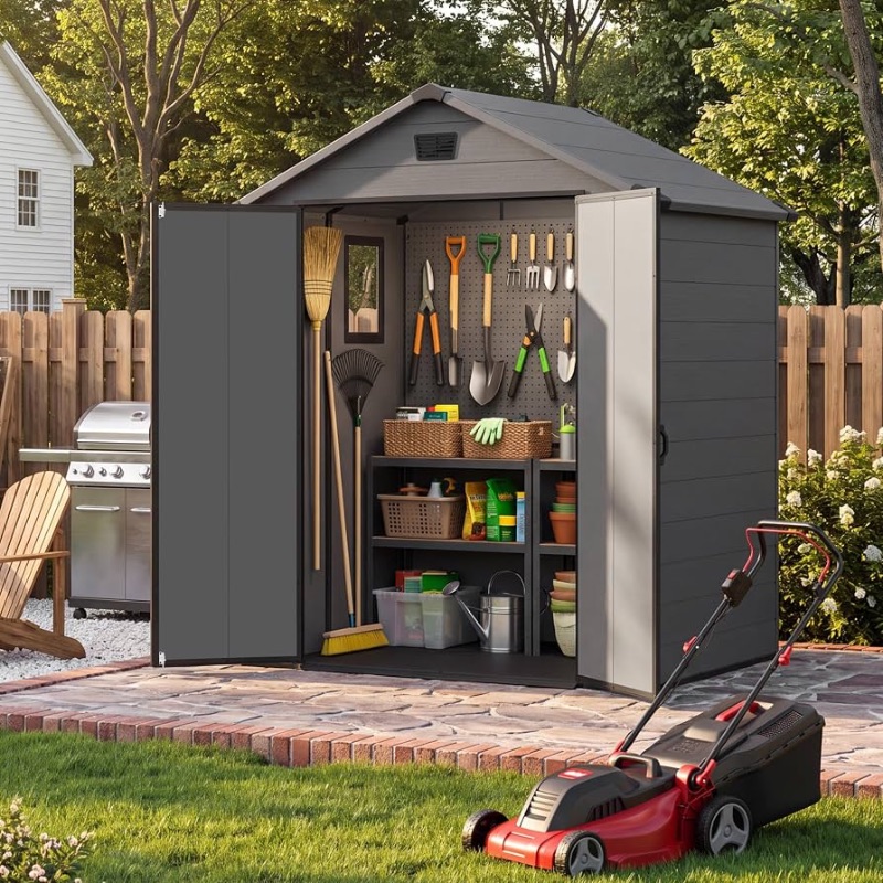 Photo 1 of ***stock photo use for reference only**6X4 FT Plastic Outdoor Storage Shed with Floor, Dark Gray
Resin Tool Sheds with Lockable Door and Window, Weather-Resistant Garden Shed, Easy Assembly for Backyard, Patio, Lawn