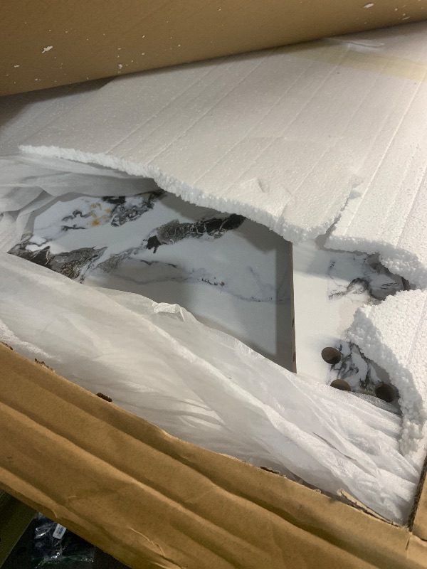 Photo 1 of ***BOX: 1 of  2 *** Merax 43.3 Inch Modern Large Square Coffee Table with Marble Textured Top, 4 Built-in Drawers Ample Storage and Floating Suspended Base, Modern Elegance White MDF Storage Center Table for Living Room