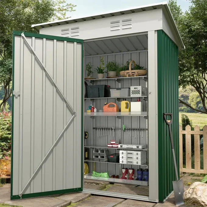 Photo 1 of ***PARTIAL SET*** Garvee 5×3FT Metal Outdoor Storage Shed, 67 Cu.Ft Weather-Resistant Galvanized Steel Garden Shed with Lockable Door, Sloped Roof & Vents, Patio Lawn Equipment Storage House, Dark Green
