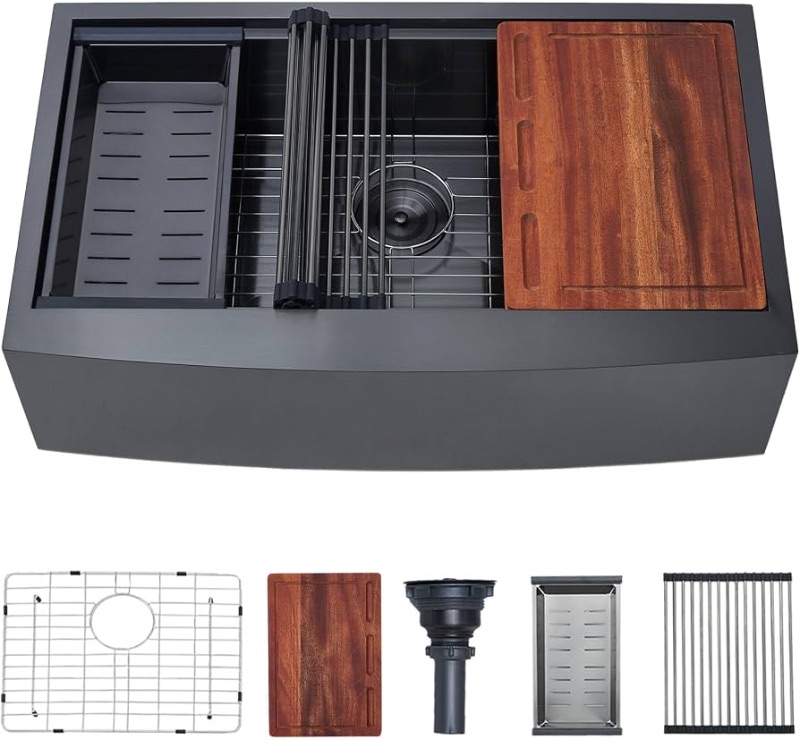 View 1 of ***STOCK PHOTO FOR REFERENCE ONLY*** STAINLESS STEEL***

33 Inch Black Farmhouse Sink, UFAUCET Apron Front Farm Kitchen Sinks
Undermount, 16 Gauge Stainless Steel, Deep Single Bowl, Workstation Ledge, with All Accessories, 33"x20"x9" Farmer Sink