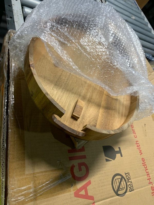 Photo 1 of *****MINOR DAMAGE****
SARUFO Acacia Wood Round Ottoman Tray – Decorative Serving Tray with Handles for Coffee Table, Breakfast in Bed, Living Room, Kitchen Counter, Candle Display, Tea Party, Lunch, Dinner, Bathroom