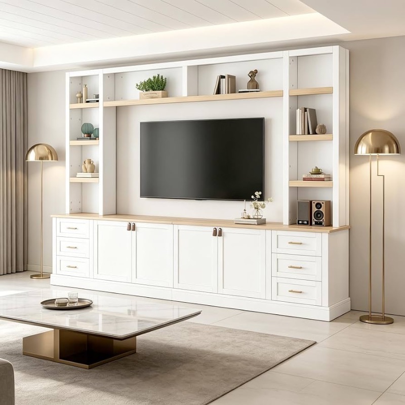 Photo 1 of ***PARTIAL SET - PRICE ADJUSTED***102.3" W 4-Piece Farmhouse Entertainment Center Wall Unit, TV Stand with Bookshelves for TVs Up to 75", Media Console with 6 Drawers, White Living Room Entertainment Set