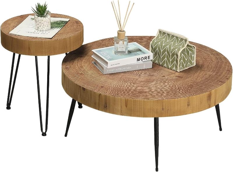 Photo 1 of **missing bigger table** RUSTOWN Farmhouse Round Coffee Table Set of 2, Cocktail Table Sets | Modern Circle Natural Wood Finsh, Metal Leg, Rustic Side and End Table Sets, 2-Piece Nesting Center Tables for Living Room