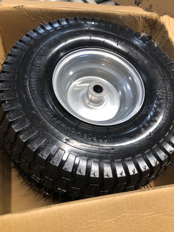 View 3 of (2 Pack) RRQ 15x6.00-6nhs Lawn Mower Tires and Wheel Assembly, Replacement Riding Lawn Mower Front Tires, Compatible with John Deere Craftsman Husqvarna Lawn Mowers, 3/4" Bushings, 3" Centered Hub